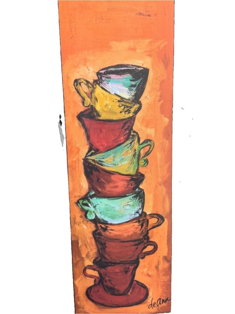 Deann Herbert Original Oil Palette, orange 6 tea cups stacked, signed